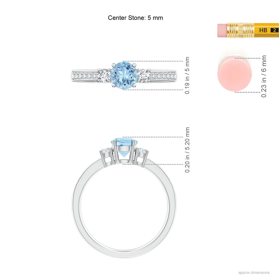 5mm AAA Classic Three Stone Round Aquamarine and Diamond Engagement Ring in White Gold ruler