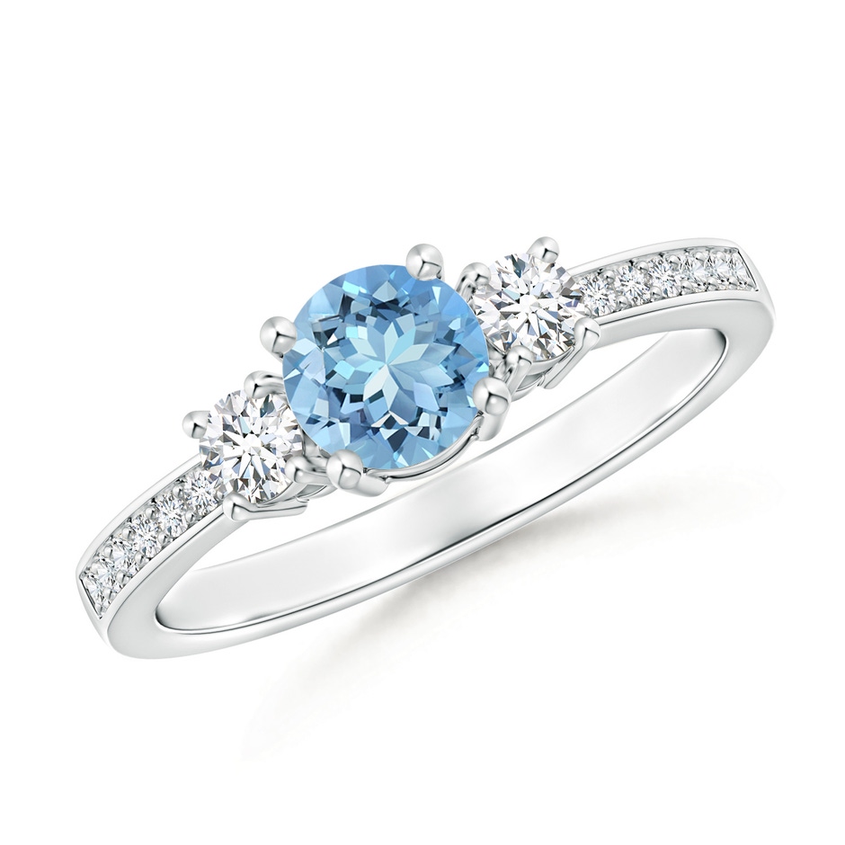 5mm AAAA Classic Three Stone Round Aquamarine and Diamond Engagement Ring in P950 Platinum 