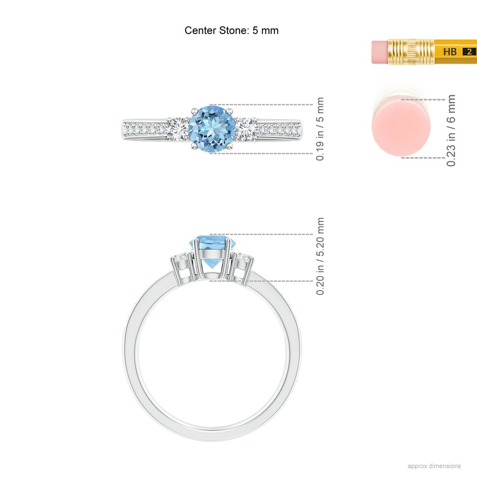 5mm AAAA Classic Three Stone Round Aquamarine and Diamond Engagement Ring in P950 Platinum ruler