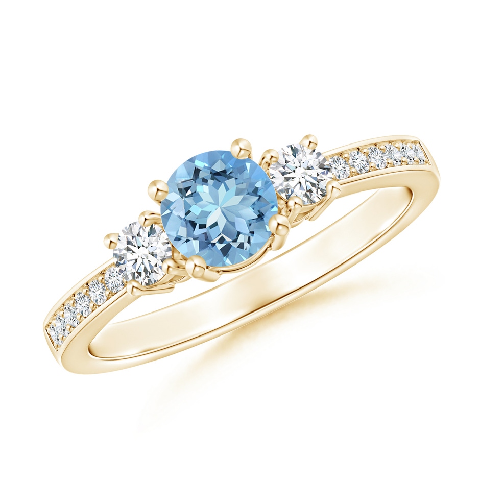 5mm AAAA Classic Three Stone Round Aquamarine and Diamond Engagement Ring in Yellow Gold 