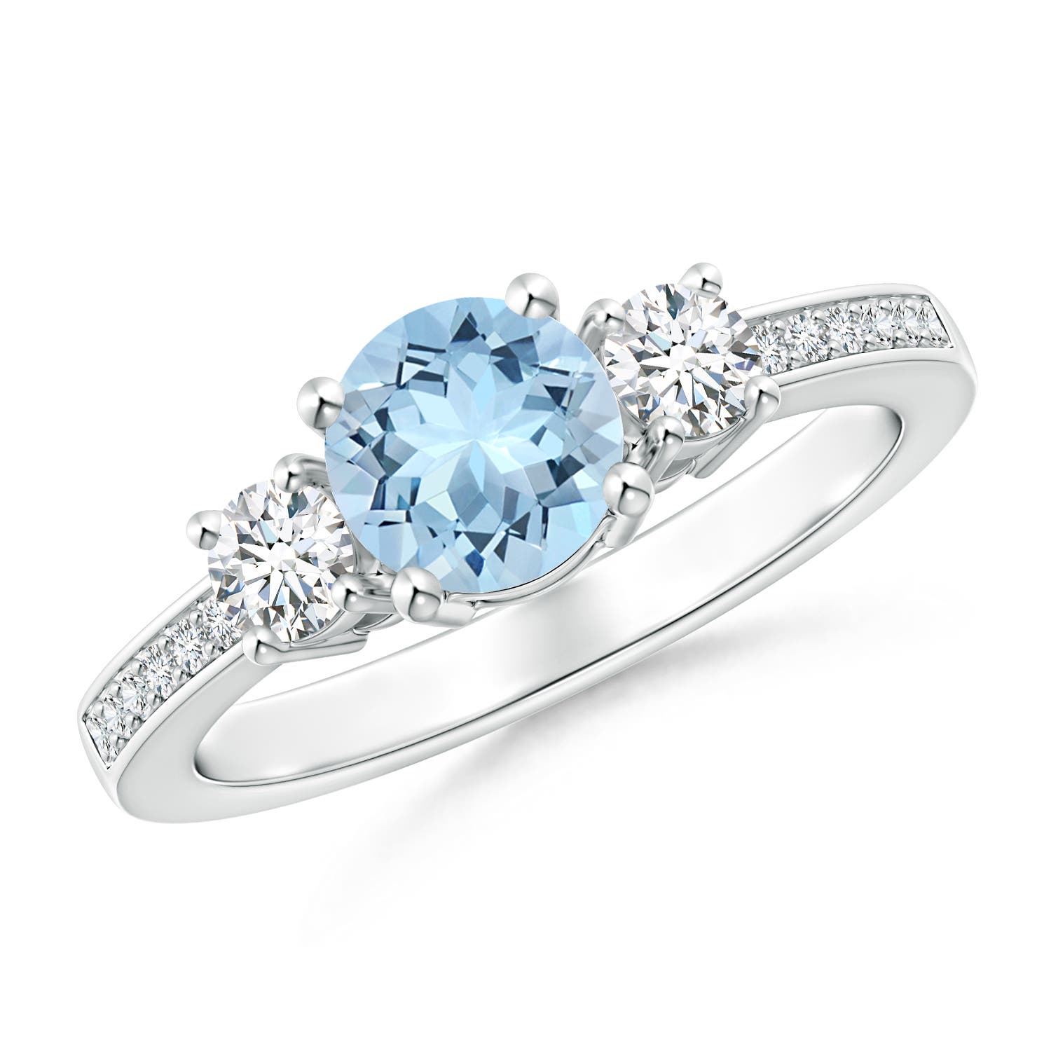 6mm AAA Classic Three Stone Round Aquamarine and Diamond Engagement Ring in 18K White Gold