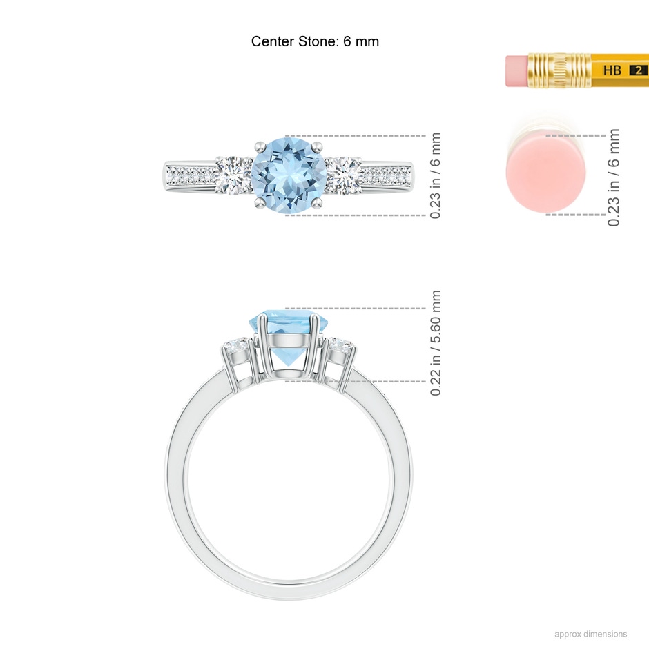 6mm AAA Classic Three Stone Round Aquamarine and Diamond Engagement Ring in White Gold ruler