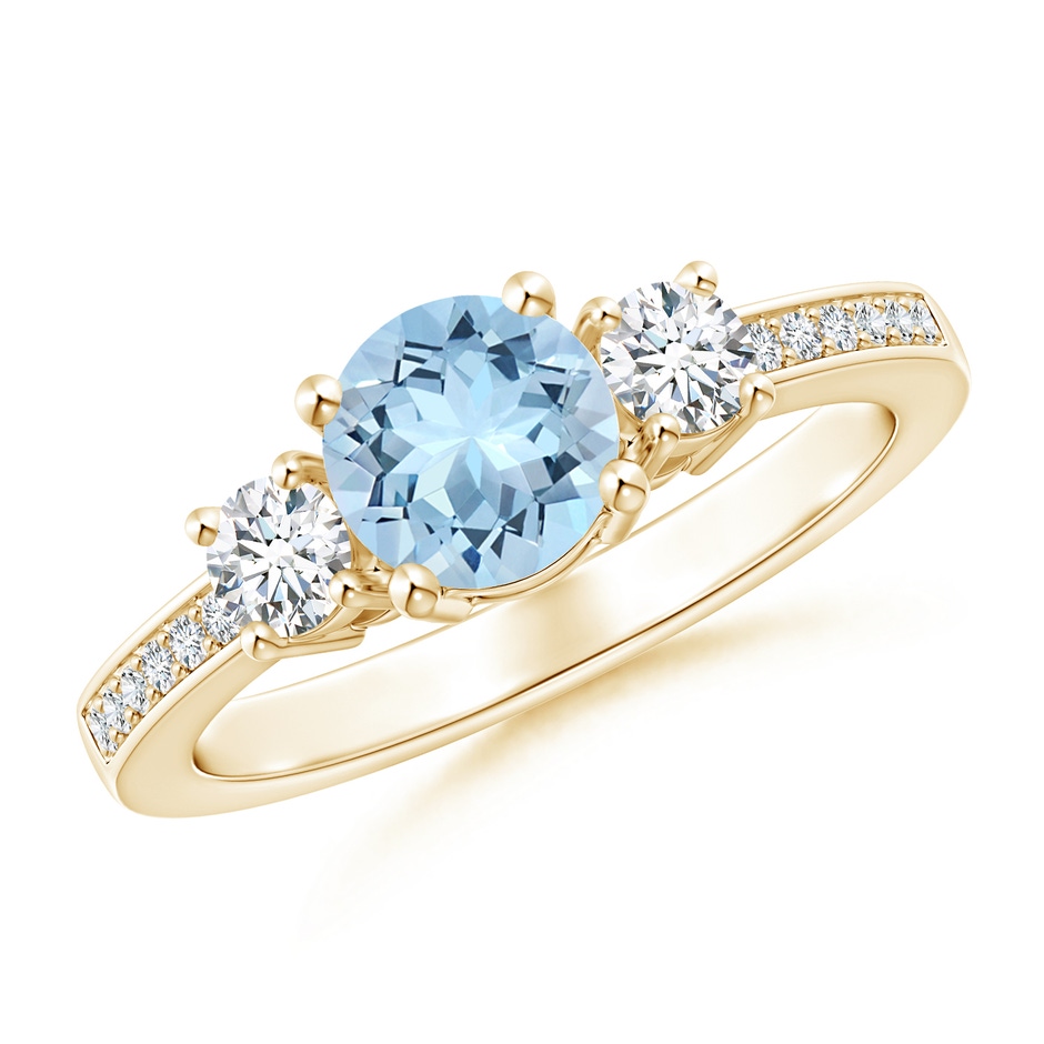 6mm AAA Classic Three Stone Round Aquamarine and Diamond Engagement Ring in Yellow Gold 