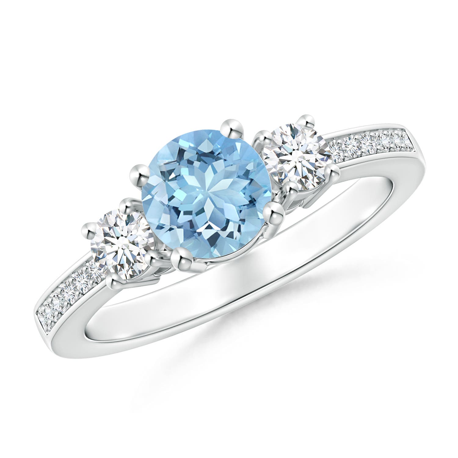 6mm AAAA Classic Three Stone Round Aquamarine and Diamond Engagement Ring in P950 Platinum