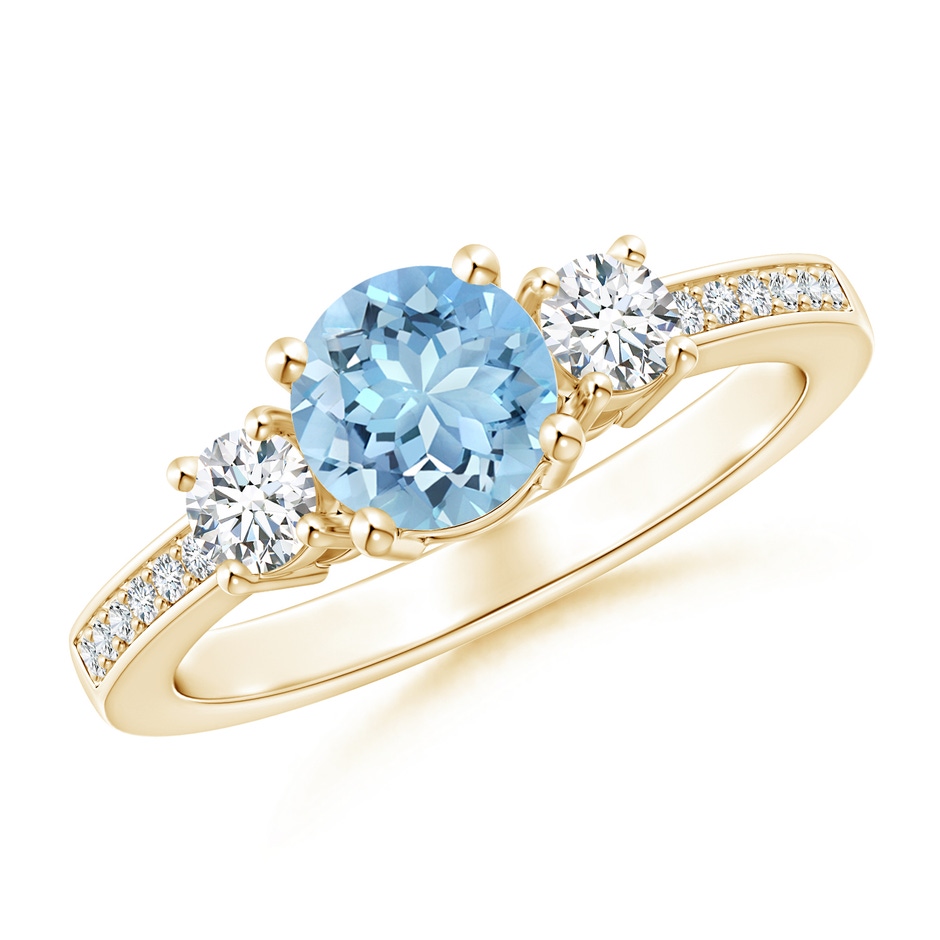 6mm AAAA Classic Three Stone Round Aquamarine and Diamond Engagement Ring in Yellow Gold 
