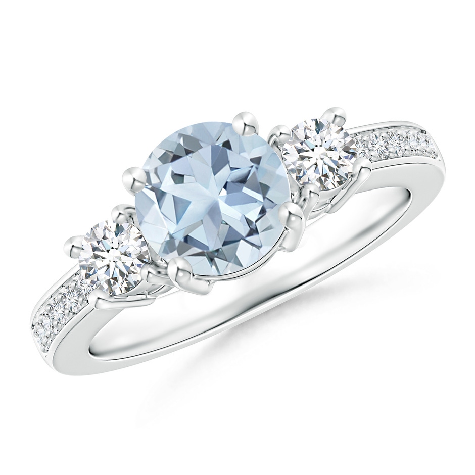 7mm A Classic Three Stone Round Aquamarine and Diamond Engagement Ring in White Gold 