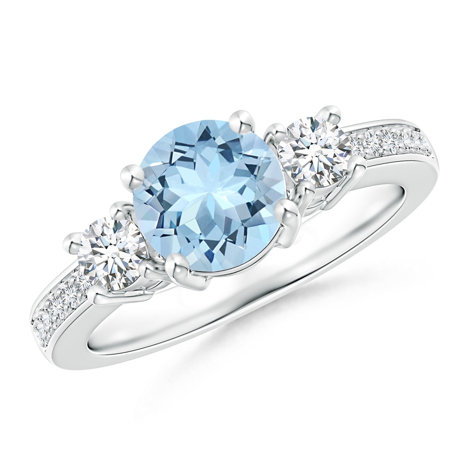 7mm AAA Classic Three Stone Round Aquamarine and Diamond Engagement Ring in 18K White Gold 