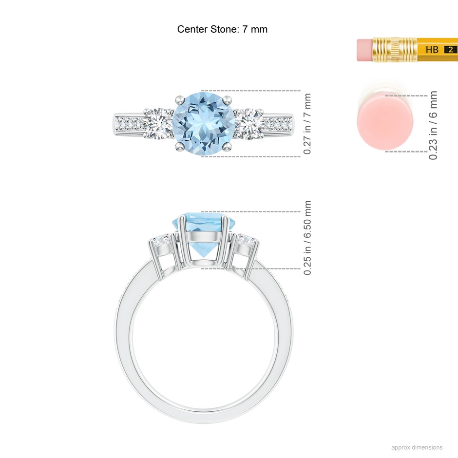 7mm AAA Classic Three Stone Round Aquamarine and Diamond Engagement Ring in White Gold ruler