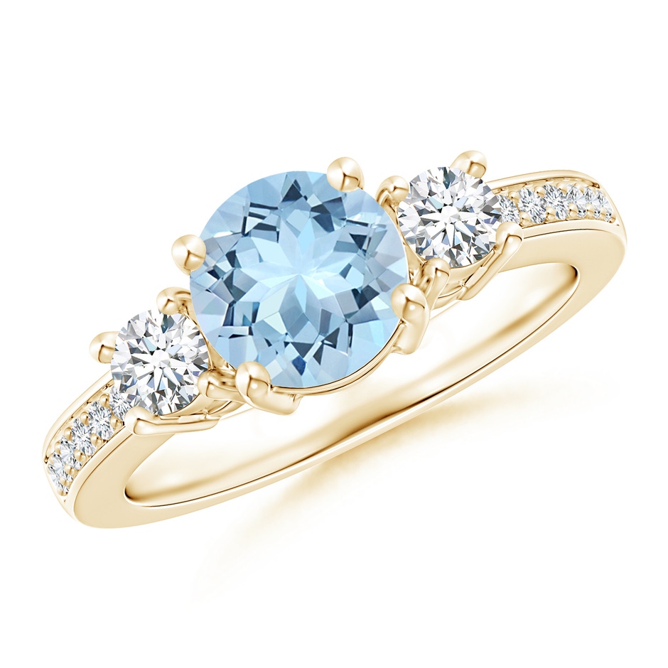 7mm AAA Classic Three Stone Round Aquamarine and Diamond Engagement Ring in Yellow Gold 