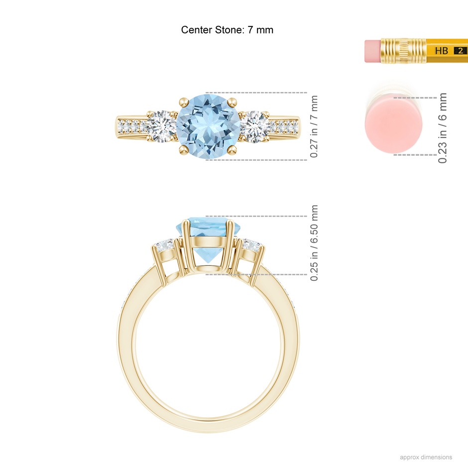 7mm AAA Classic Three Stone Round Aquamarine and Diamond Engagement Ring in Yellow Gold ruler