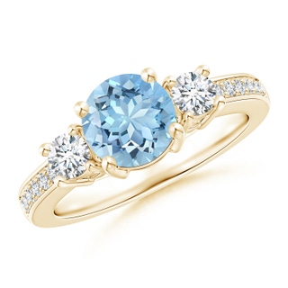 7mm AAAA Classic Three Stone Aquamarine and Diamond Ring in 9K Yellow Gold