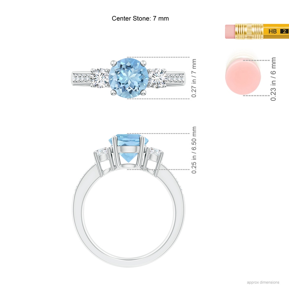 7mm AAAA Classic Three Stone Round Aquamarine and Diamond Engagement Ring in P950 Platinum ruler