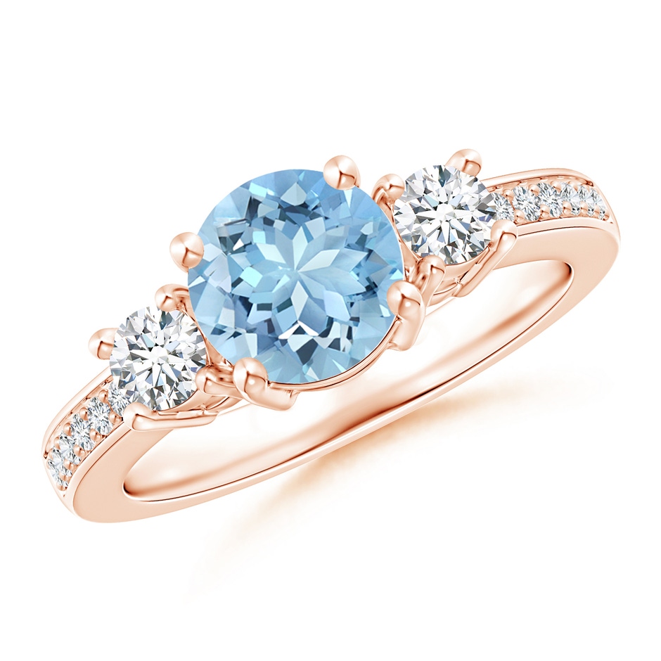 7mm AAAA Classic Three Stone Round Aquamarine and Diamond Engagement Ring in Rose Gold 