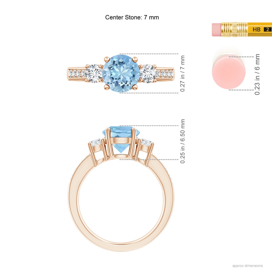 7mm AAAA Classic Three Stone Round Aquamarine and Diamond Engagement Ring in Rose Gold ruler