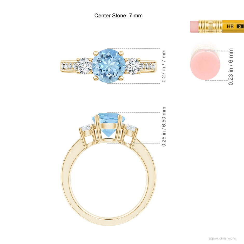 7mm AAAA Classic Three Stone Round Aquamarine and Diamond Engagement Ring in Yellow Gold ruler