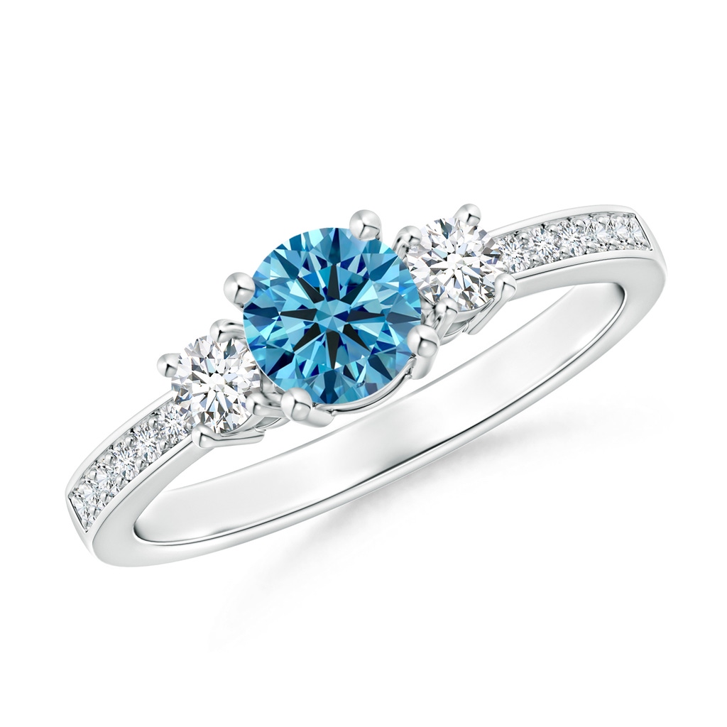 5mm AAAA Classic Three Stone Fancy Intense Blue and White Diamond Ring in P950 Platinum