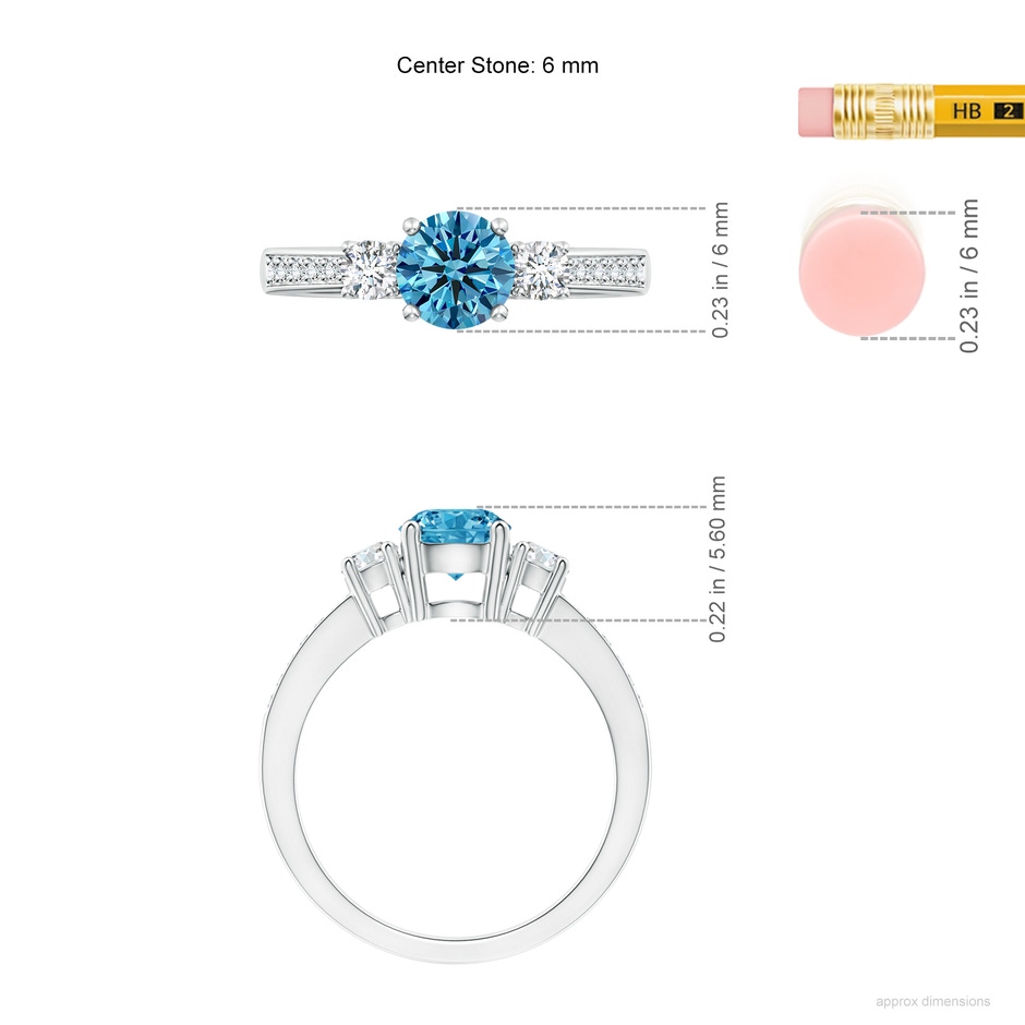 6mm AAAA Classic Three Stone Fancy Intense Blue and White Diamond Ring in P950 Platinum ruler
