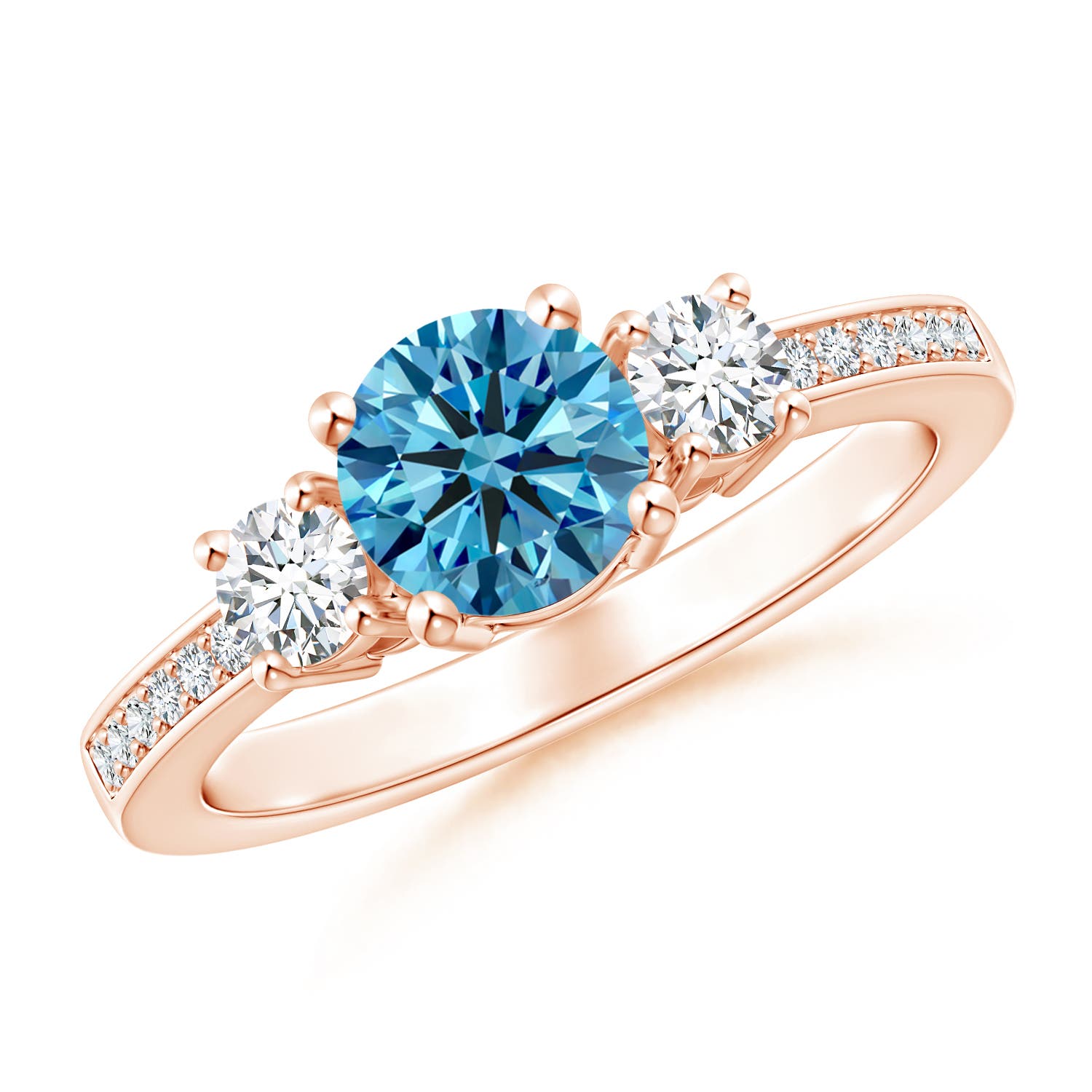 Angara 1.11 CTW Classic Three Stone Round Fancy Intense Blue and White Diamond Engagement Ring in 14K Rose Gold