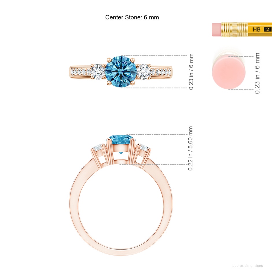 6mm AAAA Classic Three Stone Fancy Intense Blue and White Diamond Ring in Rose Gold ruler