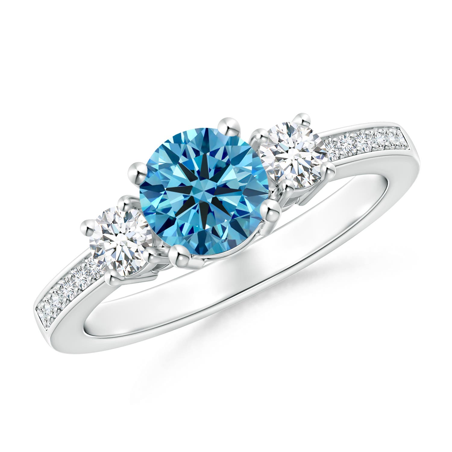 Angara 1.11 CTW Classic Three Stone Round Fancy Intense Blue and White Diamond Engagement Ring in 14K White Gold
