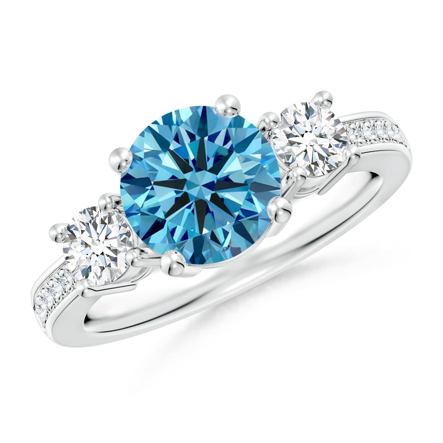 Angara 2.57 CTW Classic Three Stone Round Fancy Intense Blue and White Diamond Engagement Ring in Silver