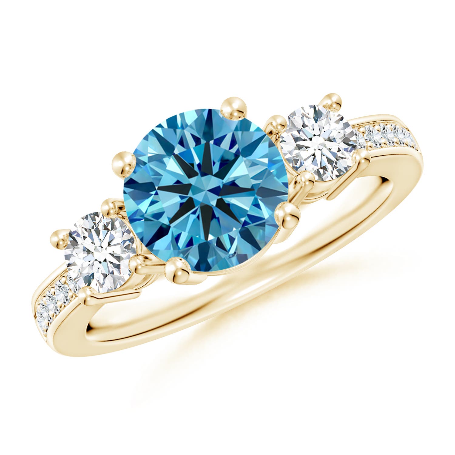 Angara 2.57 CTW Classic Three Stone Round Fancy Intense Blue and White Diamond Engagement Ring in 14K Yellow Gold