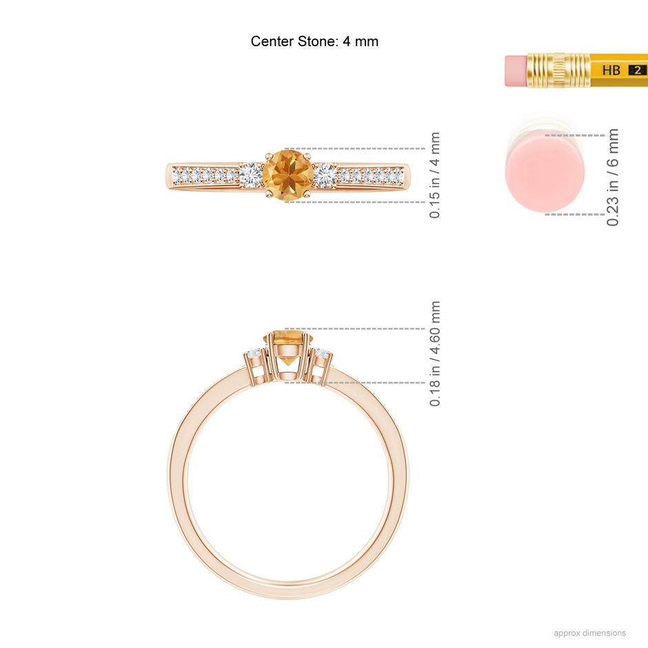 4mm A Classic Three Stone Citrine and Diamond Ring in Rose Gold ruler