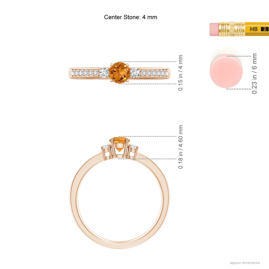 4mm AAA Classic Three Stone Citrine and Diamond Ring in Rose Gold ruler