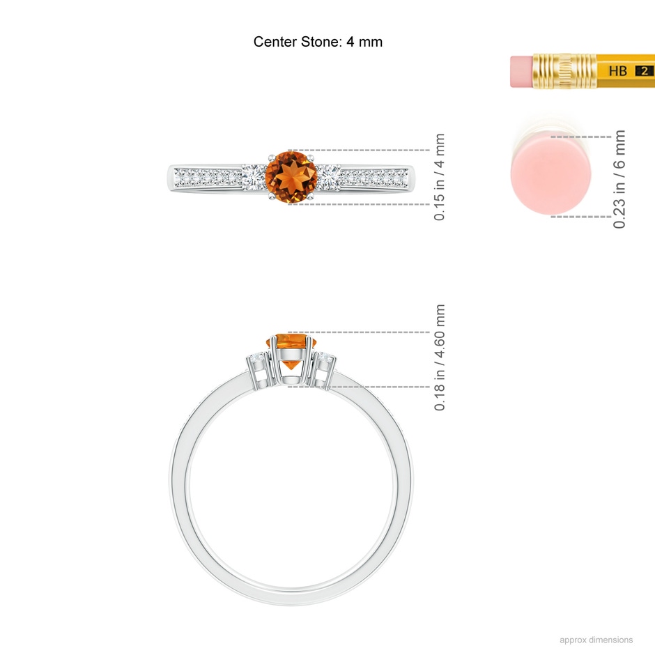 4mm AAAA Classic Three Stone Citrine and Diamond Ring in White Gold ruler