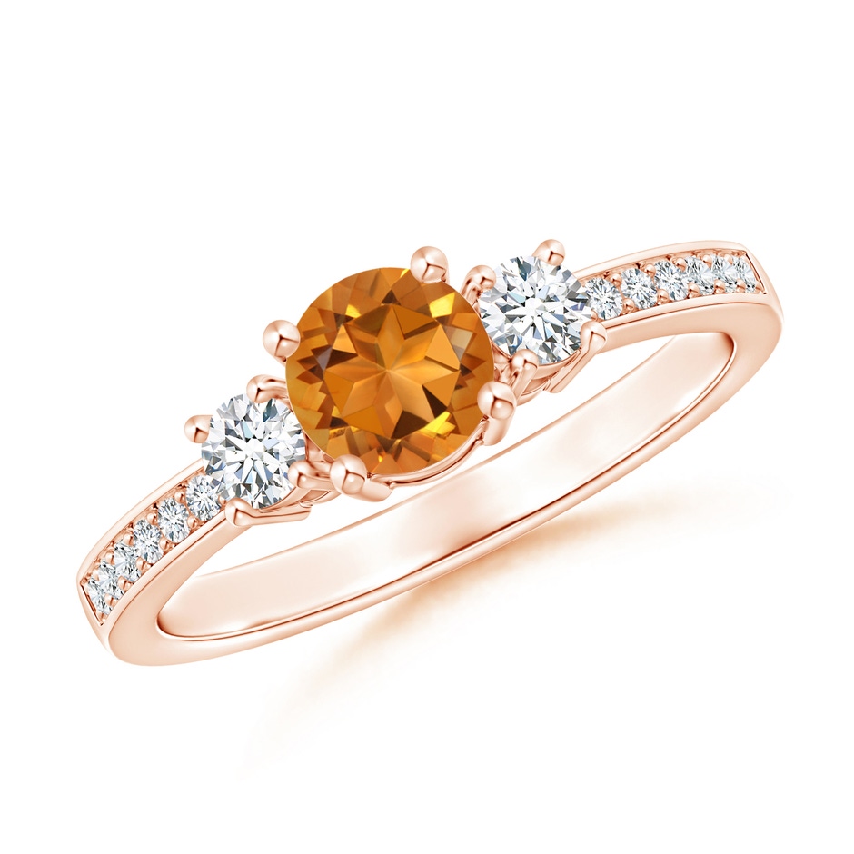 5mm AAA Classic Three Stone Citrine and Diamond Ring in Rose Gold 