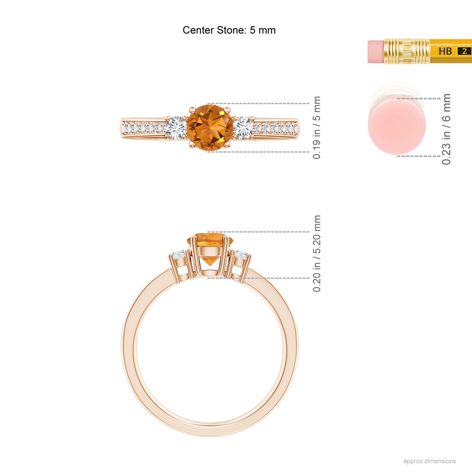 5mm AAA Classic Three Stone Citrine and Diamond Ring in Rose Gold ruler