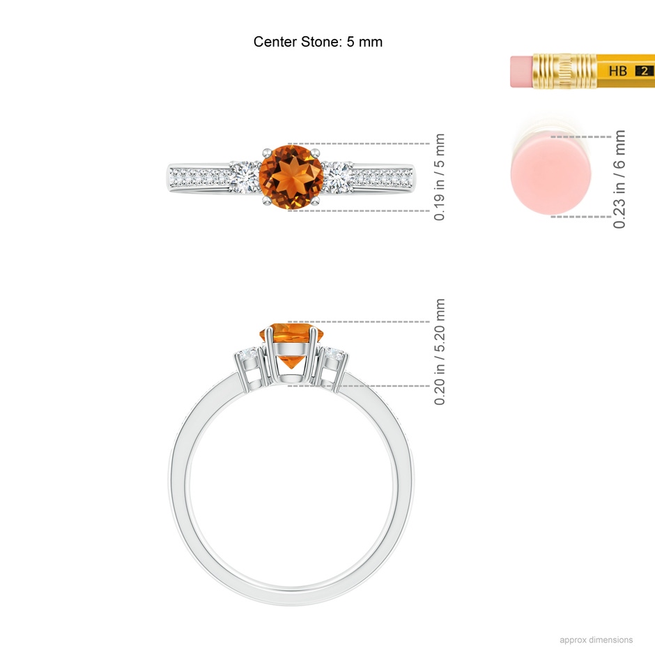 5mm AAAA Classic Three Stone Citrine and Diamond Ring in White Gold ruler
