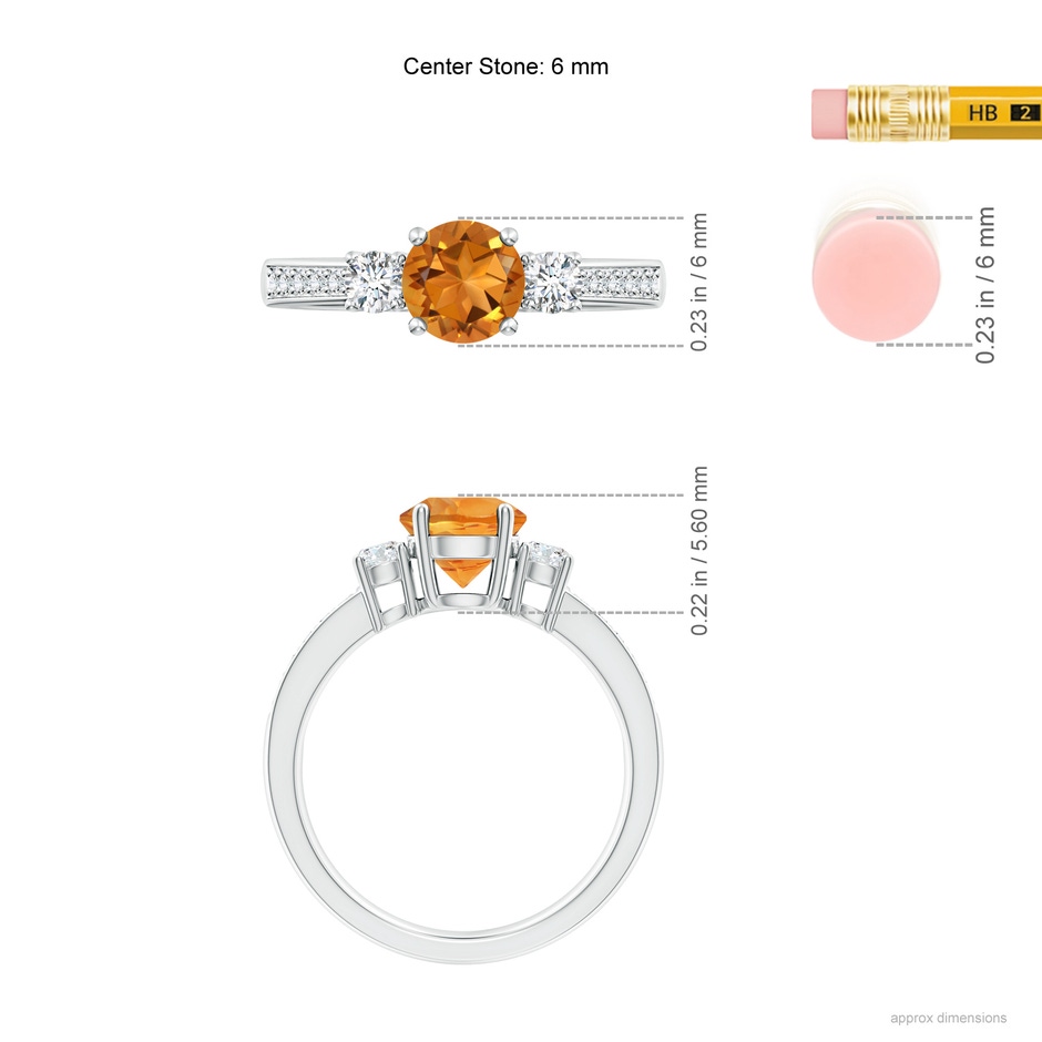 6mm AAA Classic Three Stone Citrine and Diamond Ring in White Gold ruler