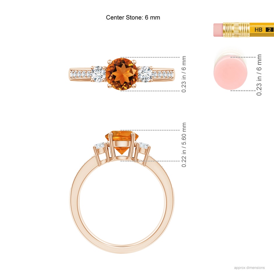 6mm AAAA Classic Three Stone Citrine and Diamond Ring in Rose Gold ruler