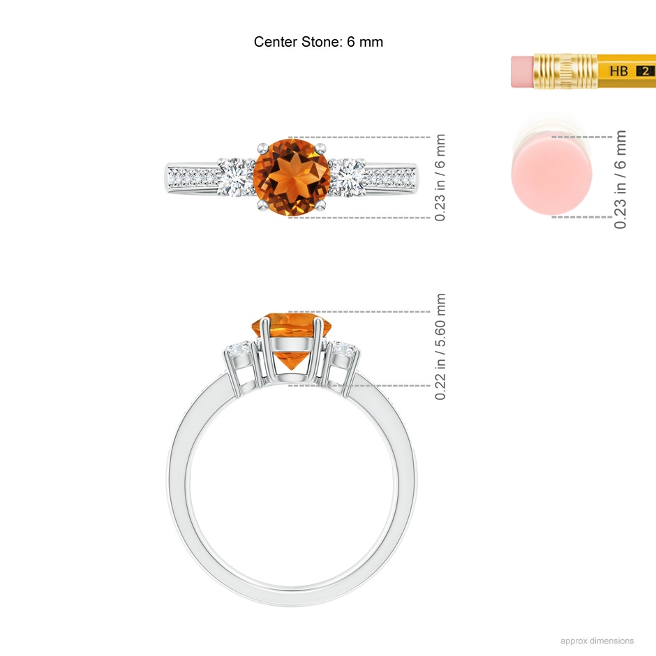 6mm AAAA Classic Three Stone Citrine and Diamond Ring in White Gold ruler