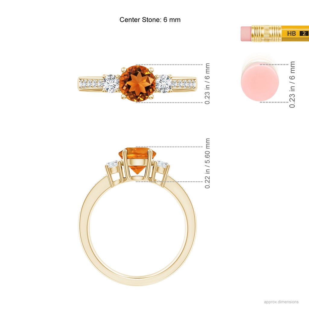 6mm AAAA Classic Three Stone Citrine and Diamond Ring in Yellow Gold Ruler
