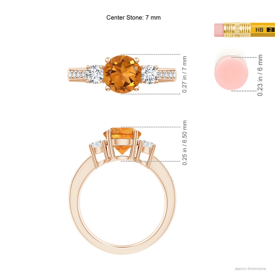 7mm AAA Classic Three Stone Citrine and Diamond Ring in Rose Gold ruler