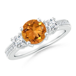 7mm AAA Classic Three Stone Citrine and Diamond Ring in White Gold
