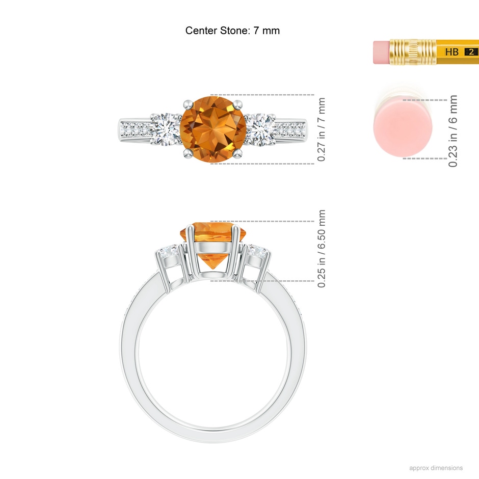 7mm AAA Classic Three Stone Citrine and Diamond Ring in White Gold ruler