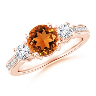 7mm AAAA Classic Three Stone Citrine and Diamond Ring in Rose Gold