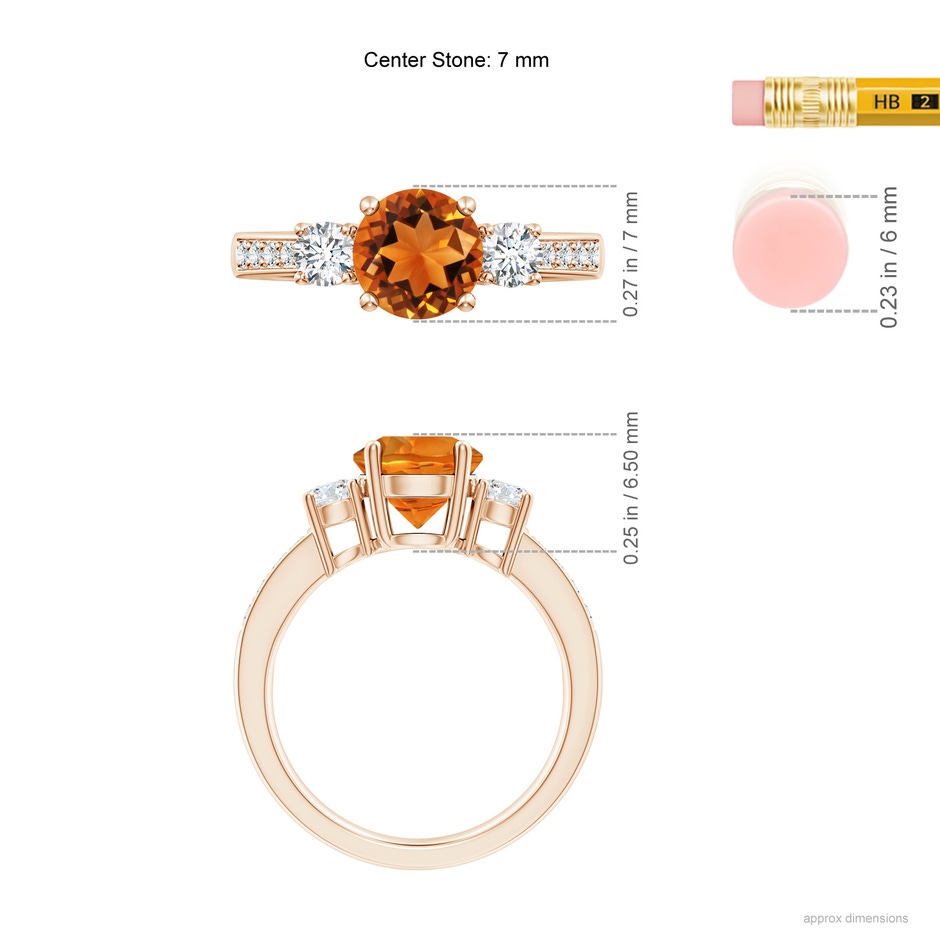 7mm AAAA Classic Three Stone Citrine and Diamond Ring in Rose Gold ruler