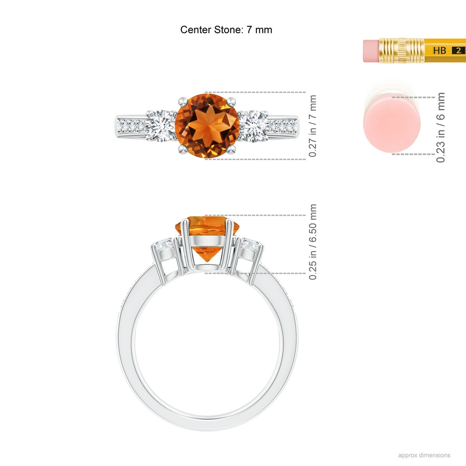 7mm AAAA Classic Three Stone Citrine and Diamond Ring in White Gold ruler