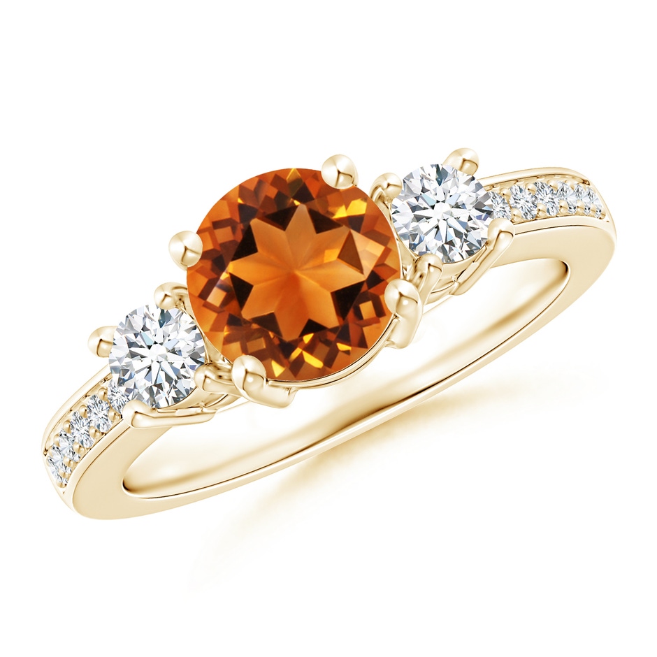 7mm AAAA Classic Three Stone Citrine and Diamond Ring in Yellow Gold 