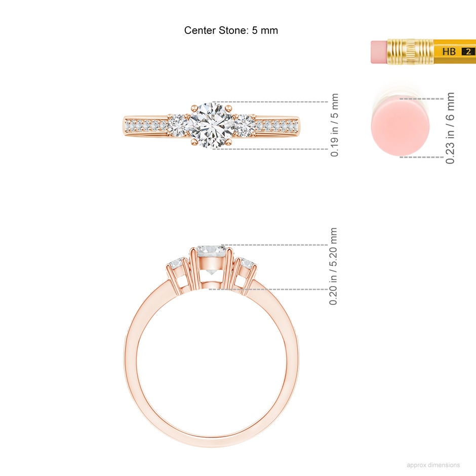 5mm HSI2 Classic Three Stone Diamond Ring in Rose Gold ruler