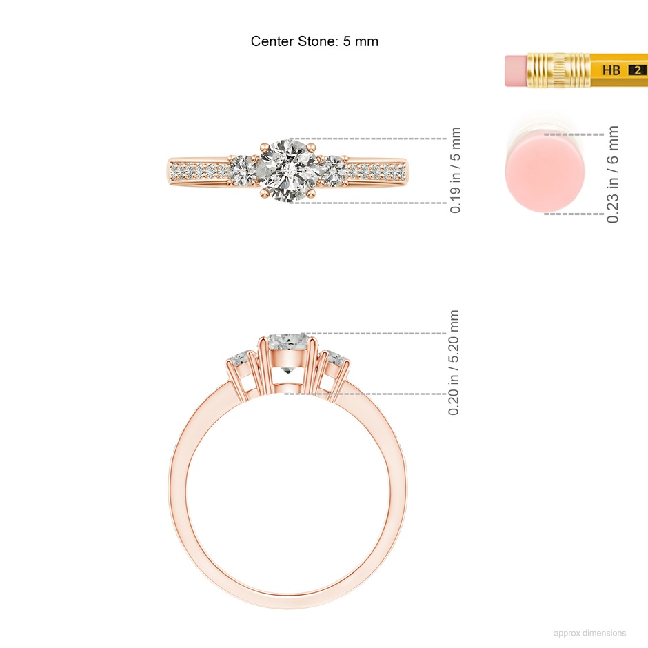 5mm KI3 Classic Three Stone Diamond Ring in Rose Gold ruler