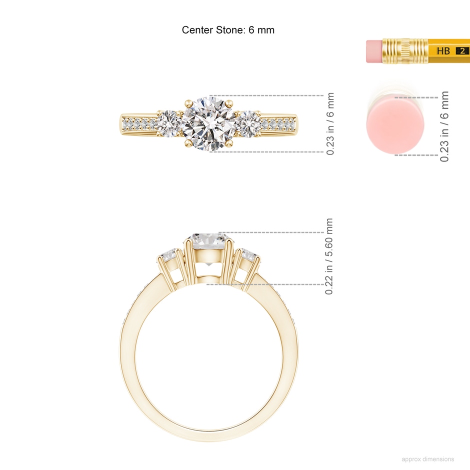 6mm IJI1I2 Classic Three Stone Diamond Ring in Yellow Gold ruler