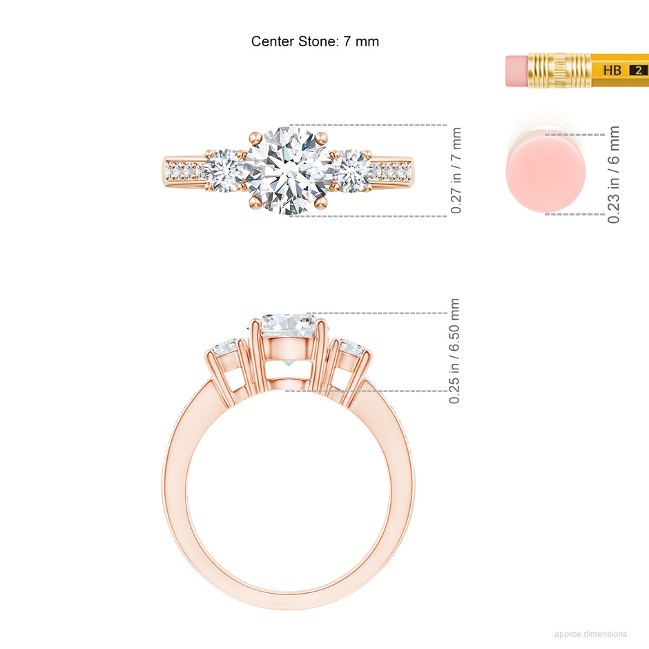7mm GVS2 Classic Three Stone Diamond Ring in Rose Gold ruler