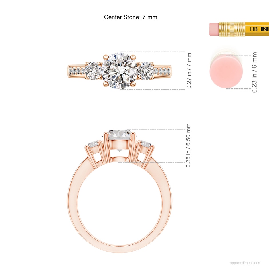 7mm IJI1I2 Classic Three Stone Diamond Ring in Rose Gold ruler