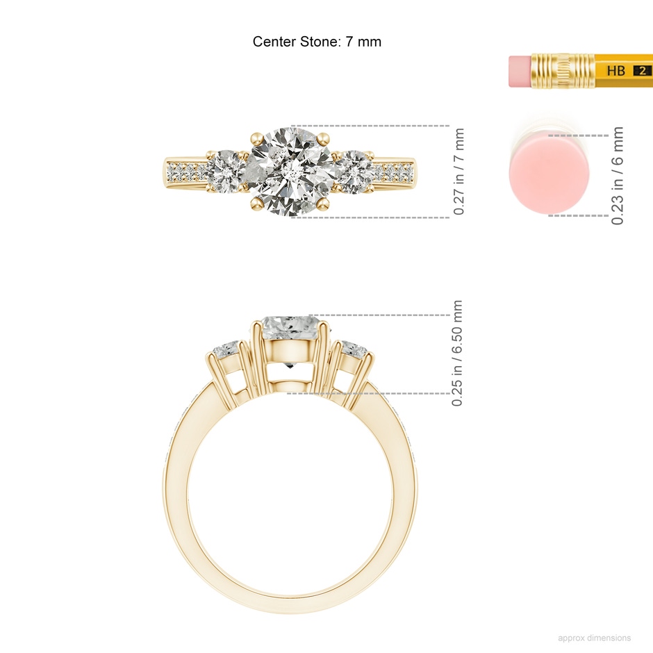 7mm KI3 Classic Three Stone Diamond Ring in Yellow Gold ruler
