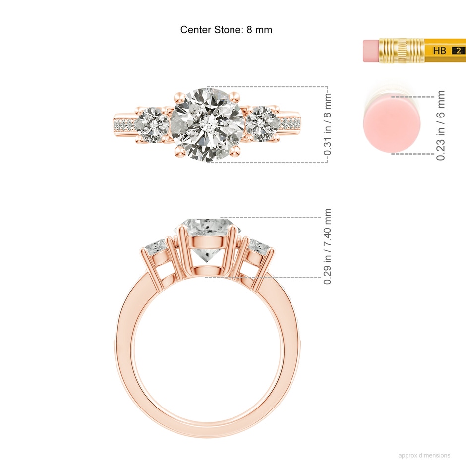 8mm KI3 Classic Three Stone Diamond Ring in Rose Gold ruler